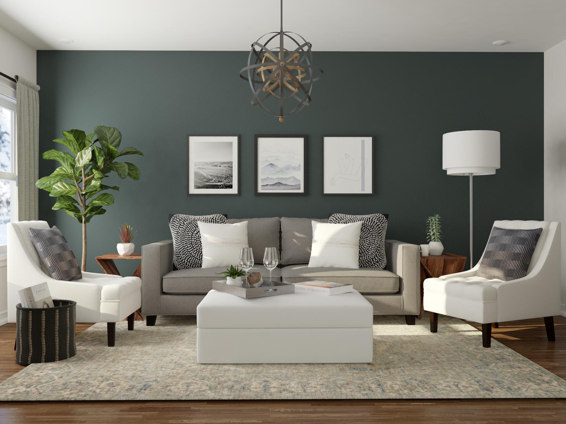 Transition style teal living room